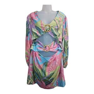 Farm Rio Tropical Pink Print Cutout Long Sleeve V Neck Mini Dress Size Large